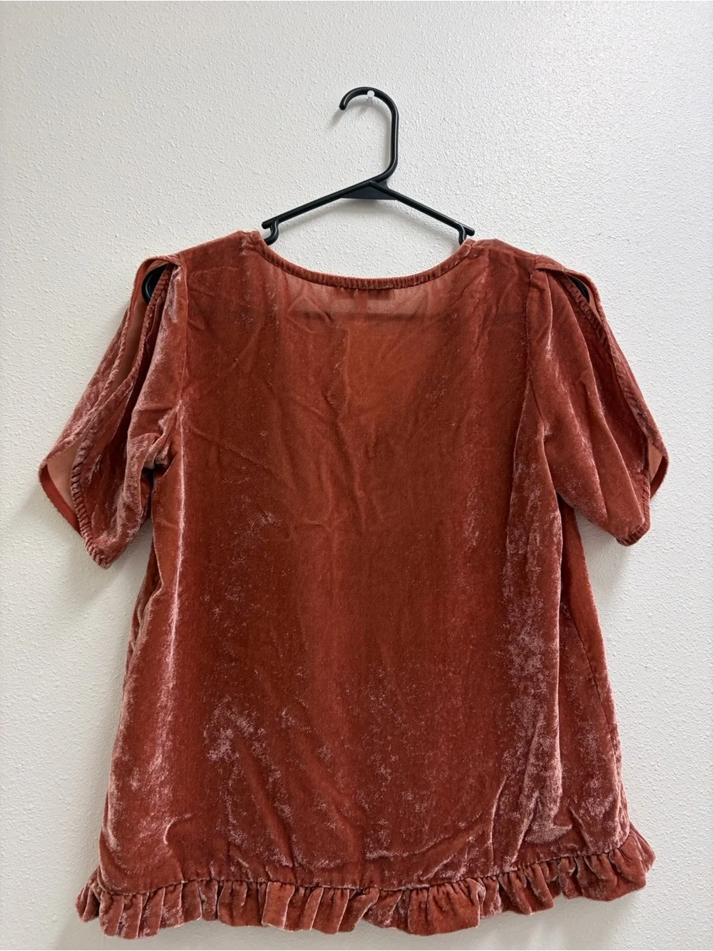 Madewell Crushed Velvet Deep V-Neck Split Sleeve Ruffle Hem Rusty Orange XXS